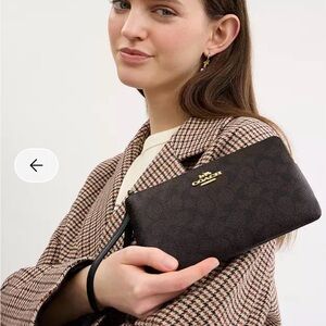 Coach Dark Brown Double Zip Wristlet Wallet Signature Canvas